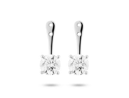 Front view of 2 carat total weight round brilliant ear jacket earrings in 14k white gold