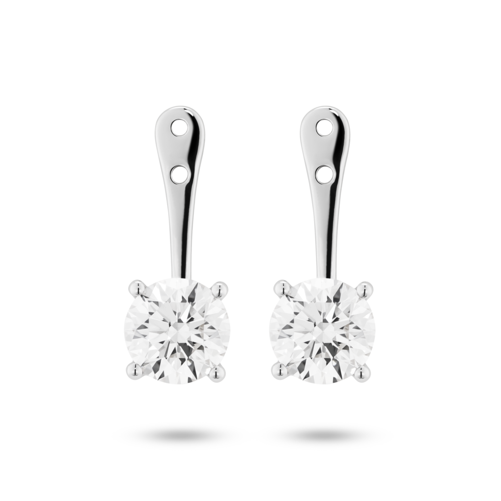 Front view of 2 carat total weight round brilliant ear jacket earrings in 14k white gold