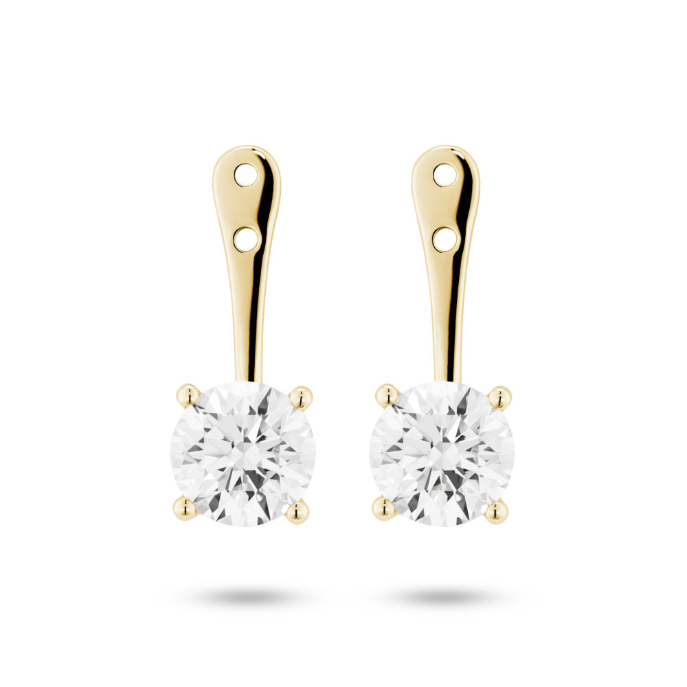 Front view of 2 carat total weight round brilliant ear jacket earrings in 14k yellow gold