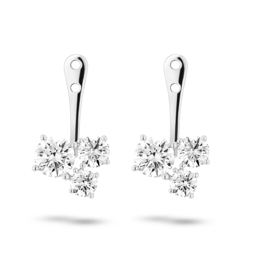 Front view of 1.8 carat total weight round brilliant cluster ear jacket earrings in 14k white gold