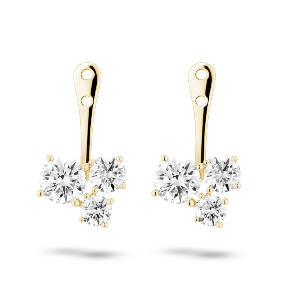 Front view of 1.8 carat total weight round brilliant cluster ear jacket earrings in 14k yellow gold