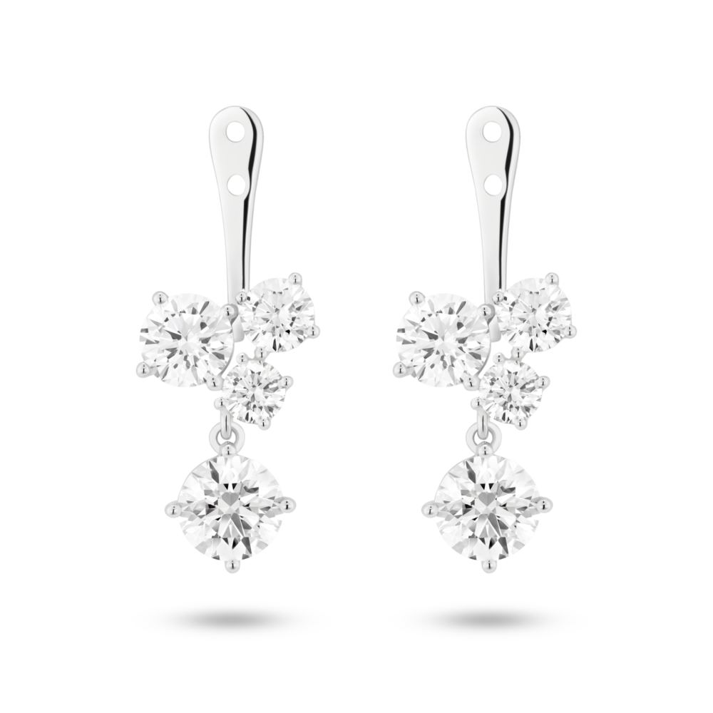 Front view of 3.3 carat total weight round brilliant cluster ear jacket earrings in 14k white gold