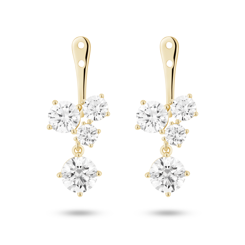 Front view of 3.3 carat total weight round brilliant cluster ear jacket earrings in 14k yellow gold