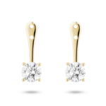 Front view of 1 carat total weight round brilliant ear jacket earrings in 14k yellow gold