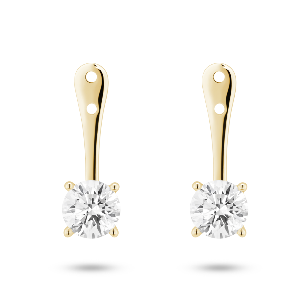 Front view of 1 carat total weight round brilliant ear jacket earrings in 14k yellow gold