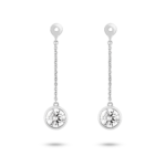 Front view of 1 carat total weight round brilliant bezel drop ear jacket earrings in 14k white gold