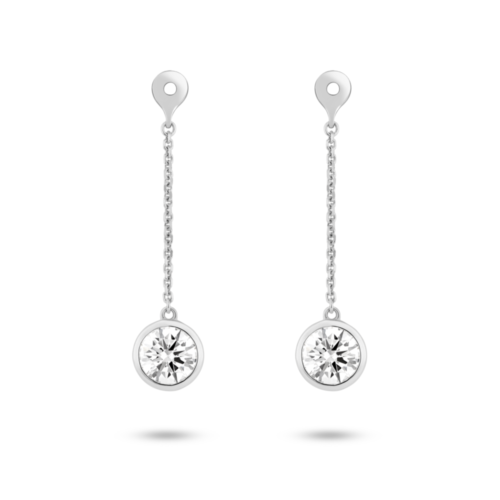 Front view of 1 carat total weight round brilliant bezel drop ear jacket earrings in 14k white gold