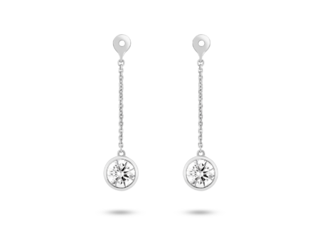 Front view of 1 carat total weight round brilliant bezel drop ear jacket earrings in 14k white gold