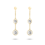 Front view of 1.5 carat total weight round brilliant double drop bezel ear jacket earrings in 14k yellow gold