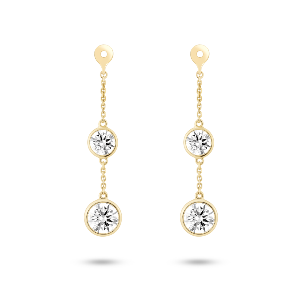 Front view of 1.5 carat total weight round brilliant double drop bezel ear jacket earrings in 14k yellow gold