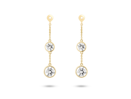 Front view of 1.5 carat total weight round brilliant double drop bezel ear jacket earrings in 14k yellow gold