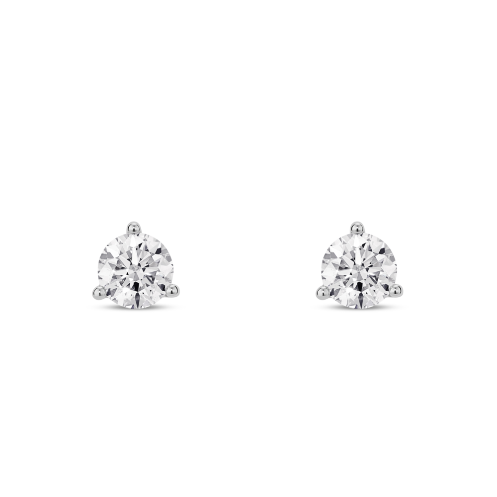 Front view of white 1/2 carat total weight round brilliant solitaire diamond studs in 10k white gold