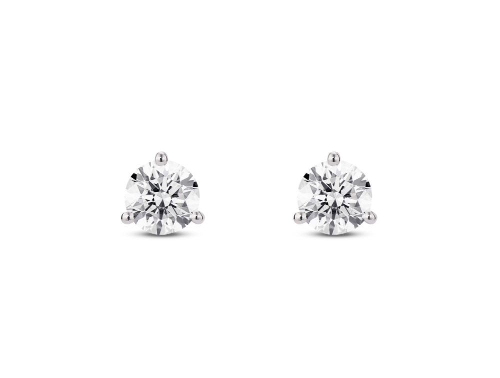 Front view of white lab grown 1 carat total weight round brilliant solitaire studs in 14k white gold