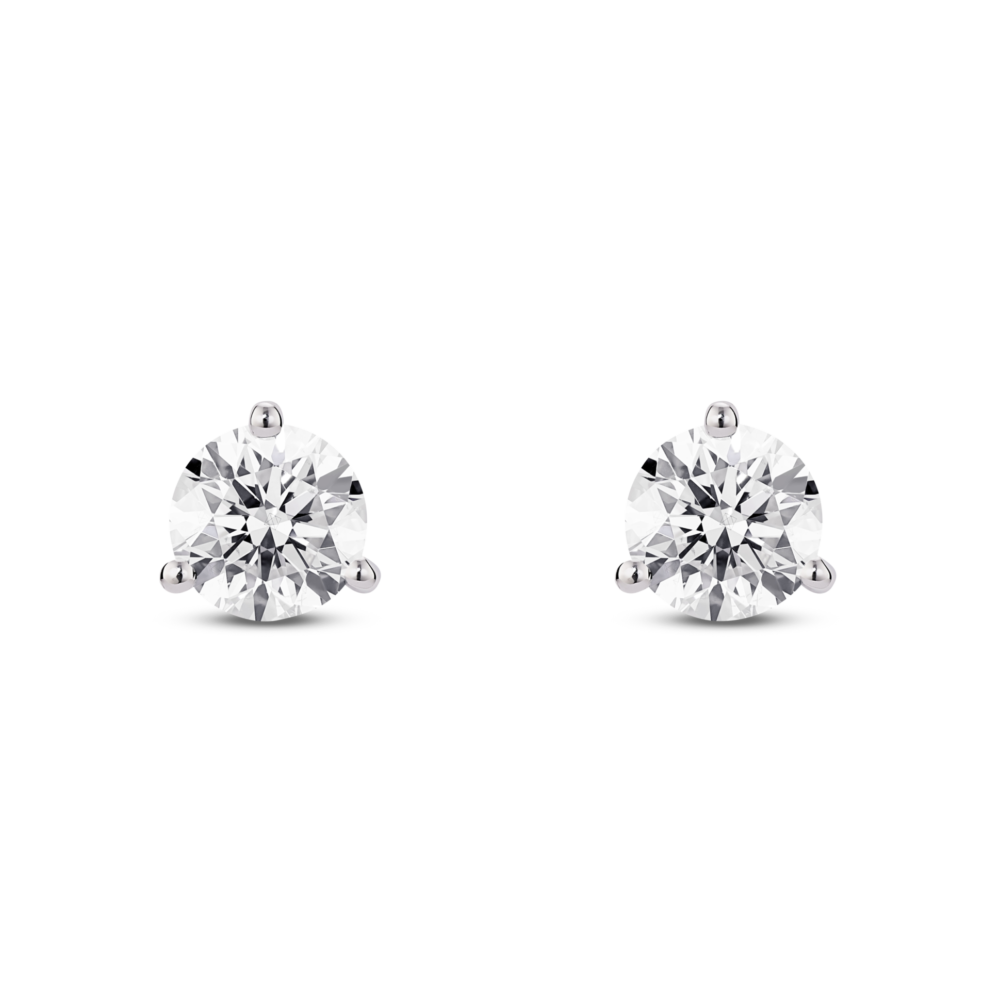 Front view of white lab grown 1 carat total weight round brilliant solitaire studs in 14k white gold