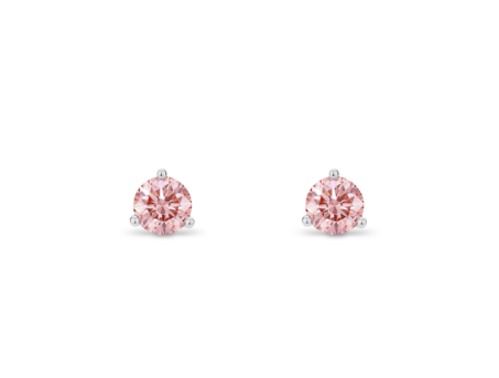 Front view of pink 0.5 carat total weight round brilliant solitaire studs in 14k white gold 