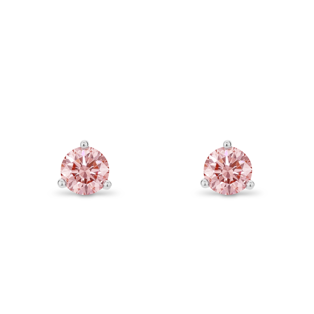 Front view of pink 0.5 carat total weight round brilliant solitaire studs in 14k white gold