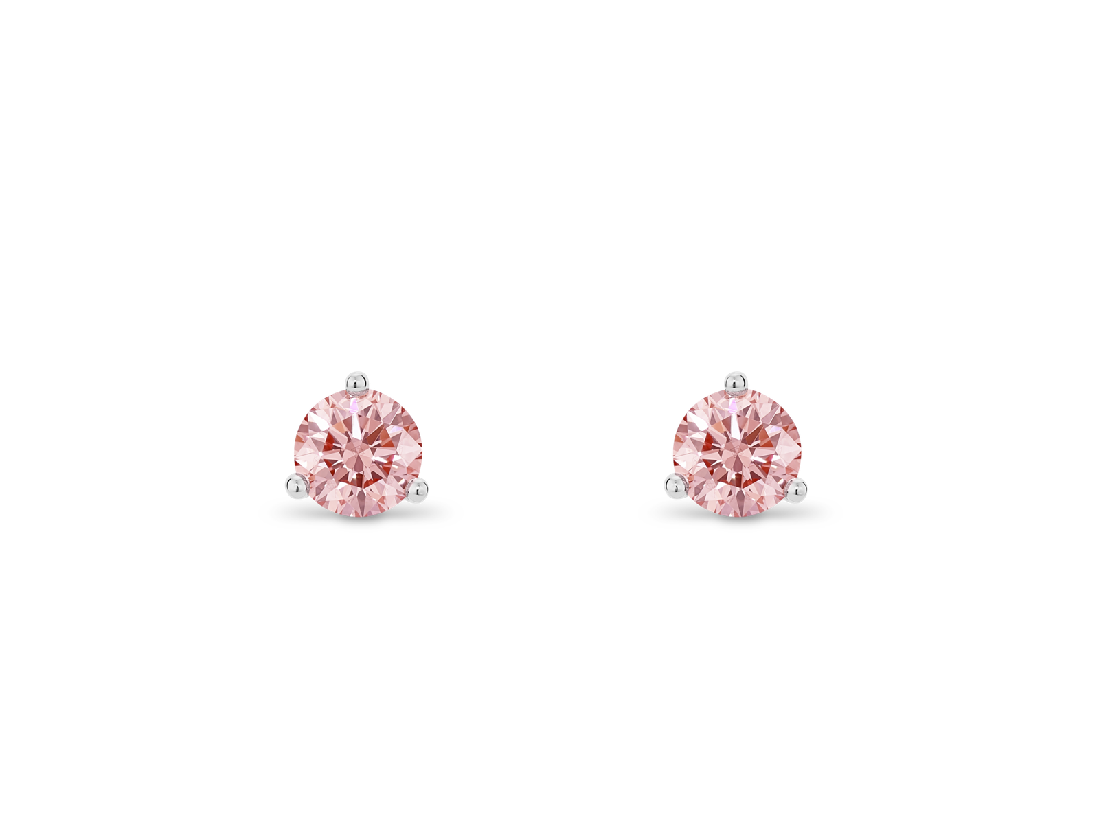 Front view of pink 0.5 carat total weight round brilliant solitaire studs in 14k white gold