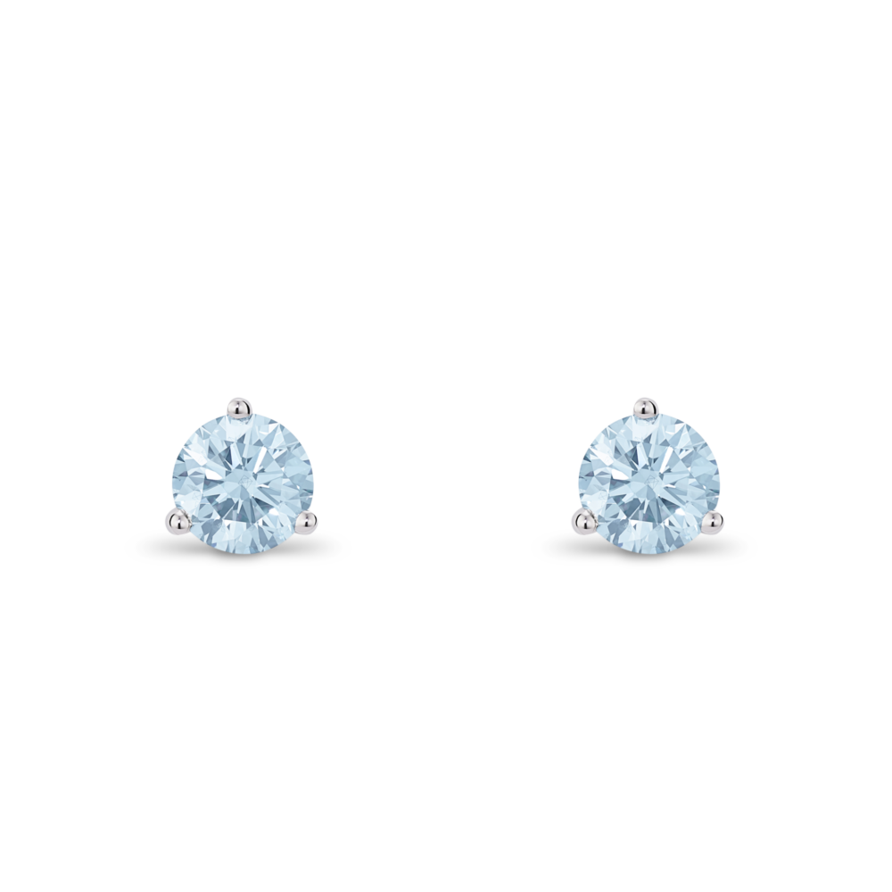 Front view of blue 0.5 carat round brilliant solitaire studs in 14k white gold