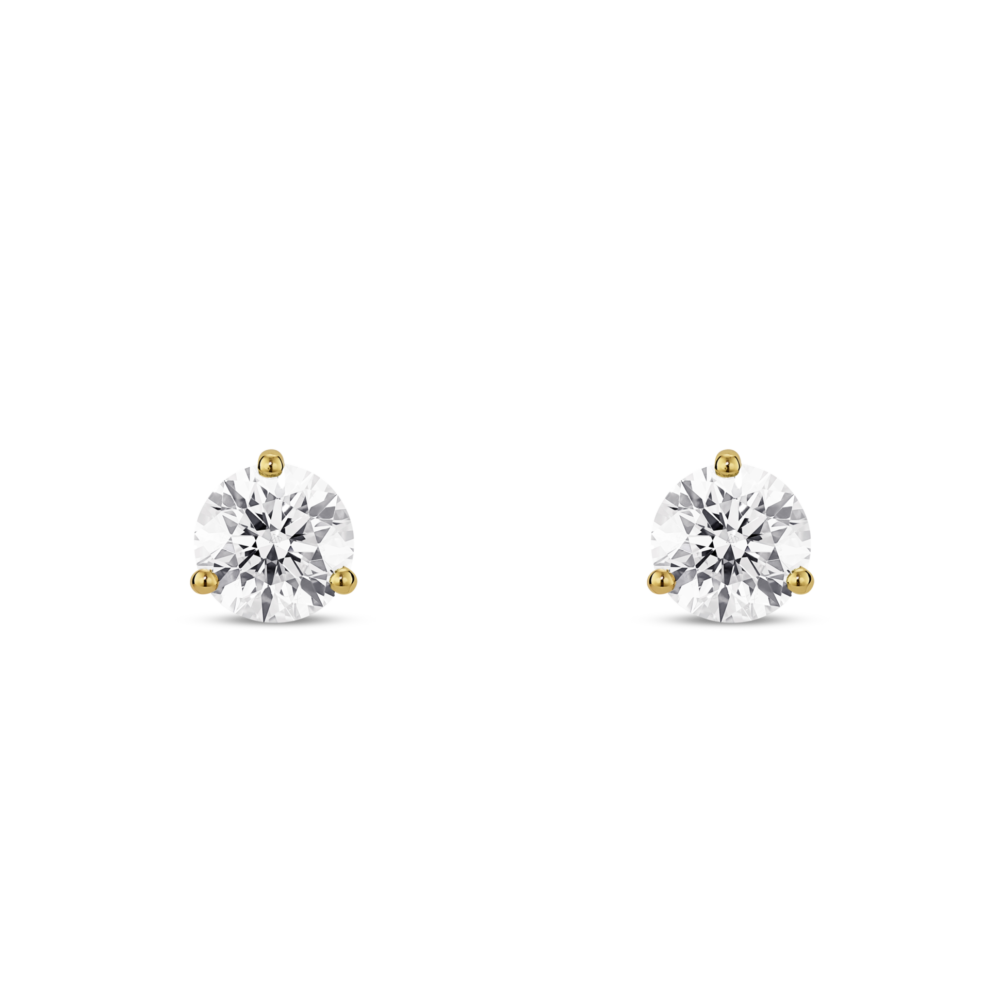 Front view of white 1/2 carat total weight round brilliant solitaire diamond studs in 10k yellow gold