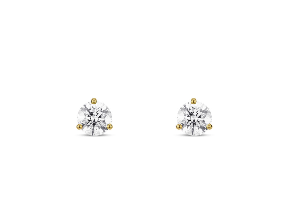 Front view of white 1/2 carat total weight round brilliant solitaire diamond studs in 10k yellow gold