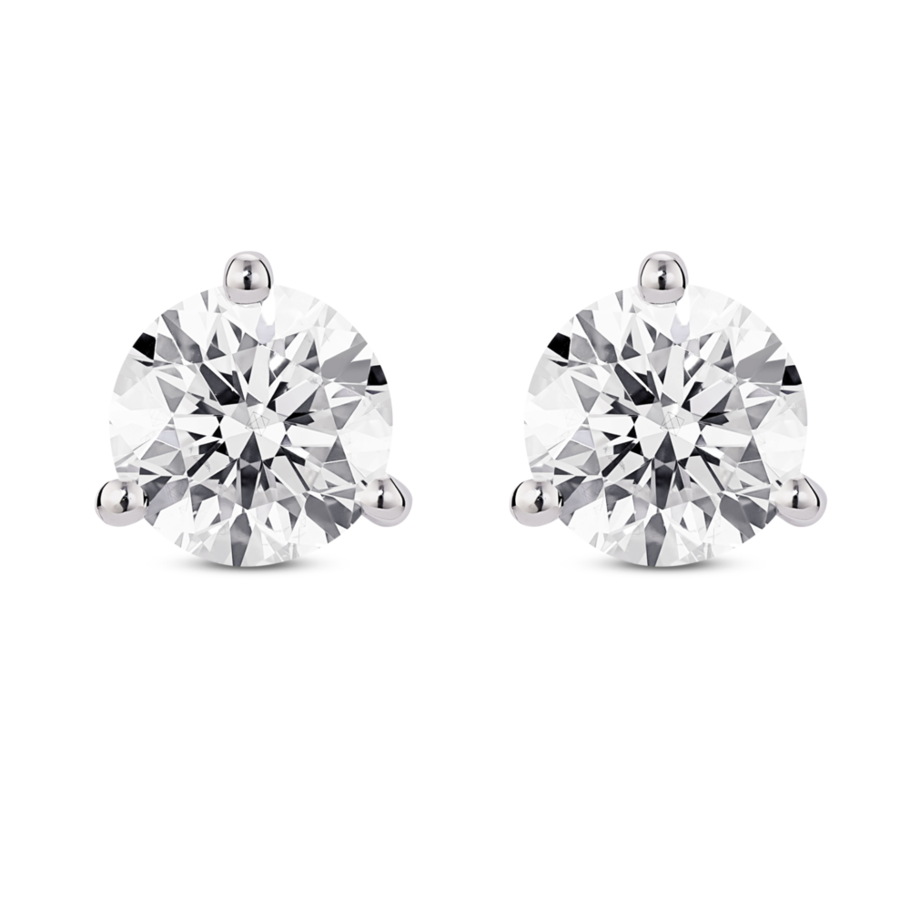 Front view of 2 carat total weight 14k white gold solitaire round brilliant gold studs with white diamonds
