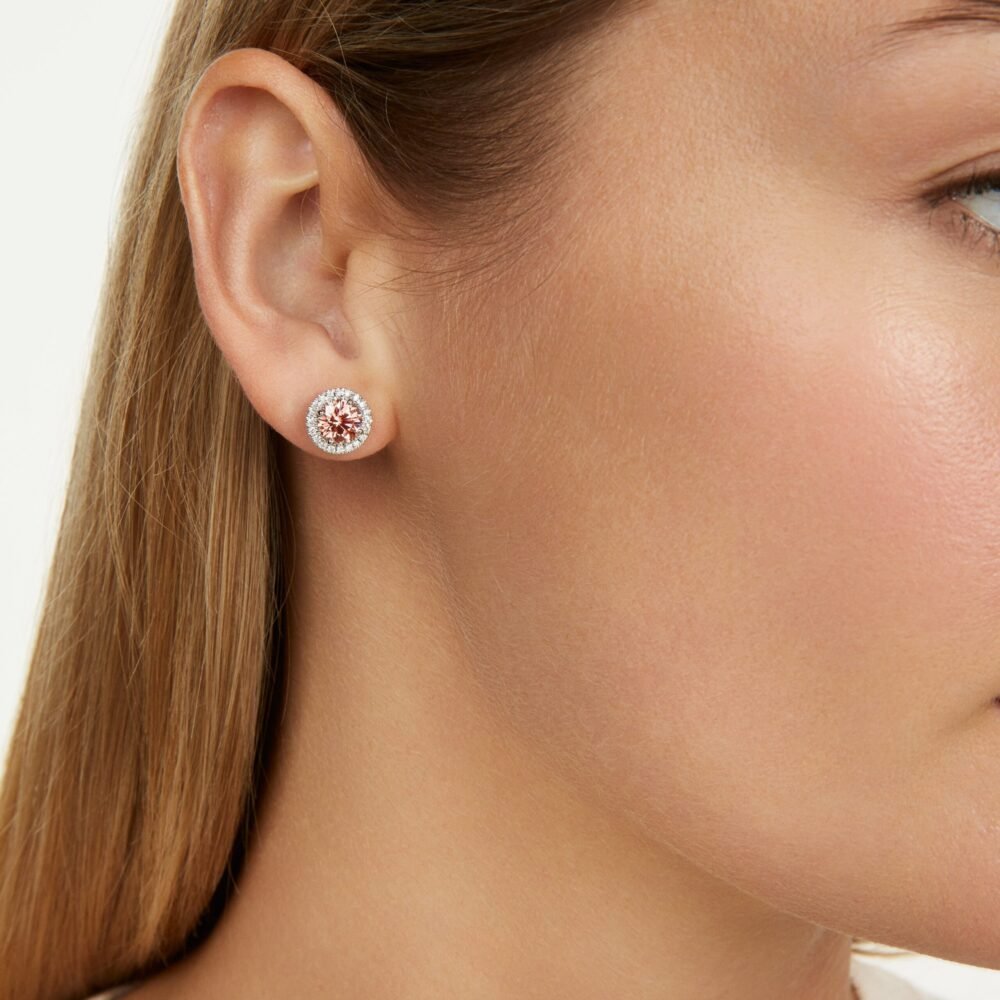 Lab-Grown Diamond 2ct. tw. Halo 14k Gold Earrings | Pink - Image 2