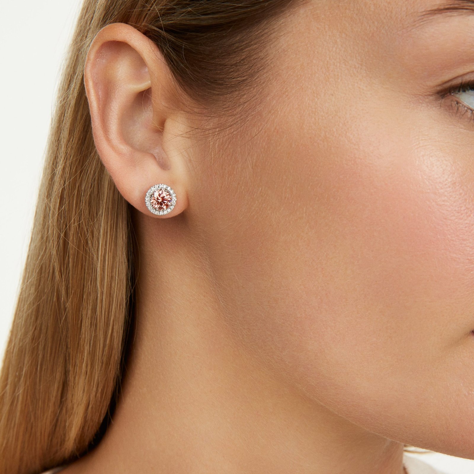 Lab-Grown Diamond 2ct. tw. Halo 14k Gold Earrings | Pink - Image 3