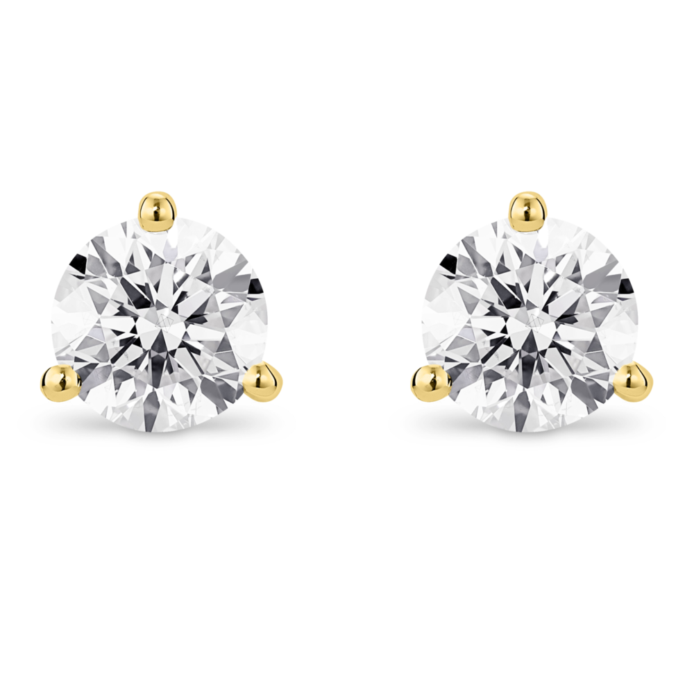 Front view of 2 carat total weight 14k yellow gold solitaire round brilliant gold studs with white diamonds