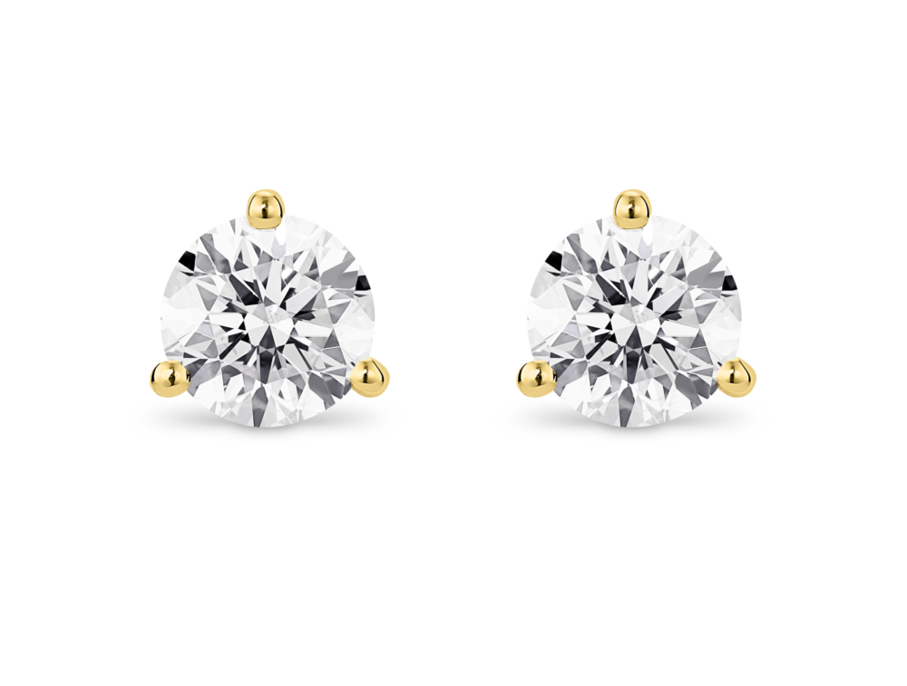 Front view of 2 carat total weight 14k yellow gold solitaire round brilliant gold studs with white diamonds