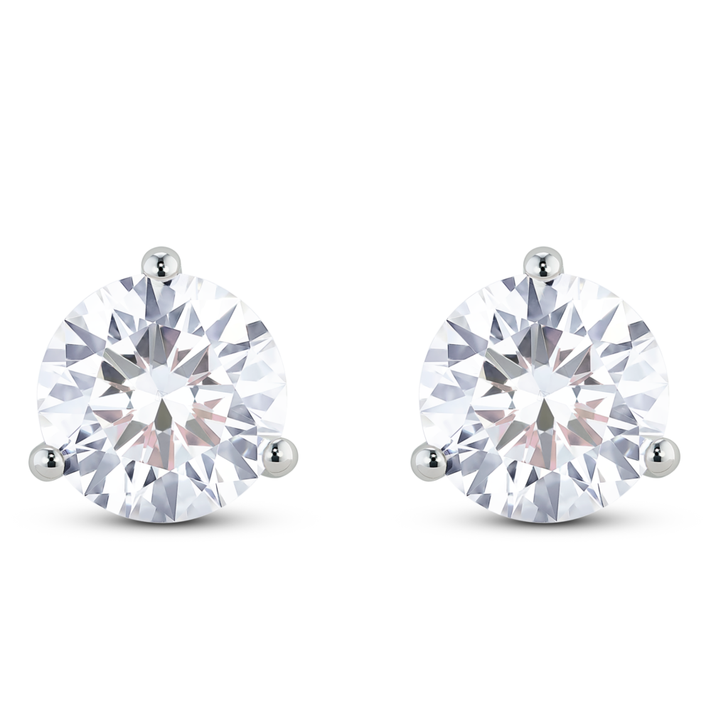 Front view of 3 carat total weight round brilliant solitaire studs in 14k white gold