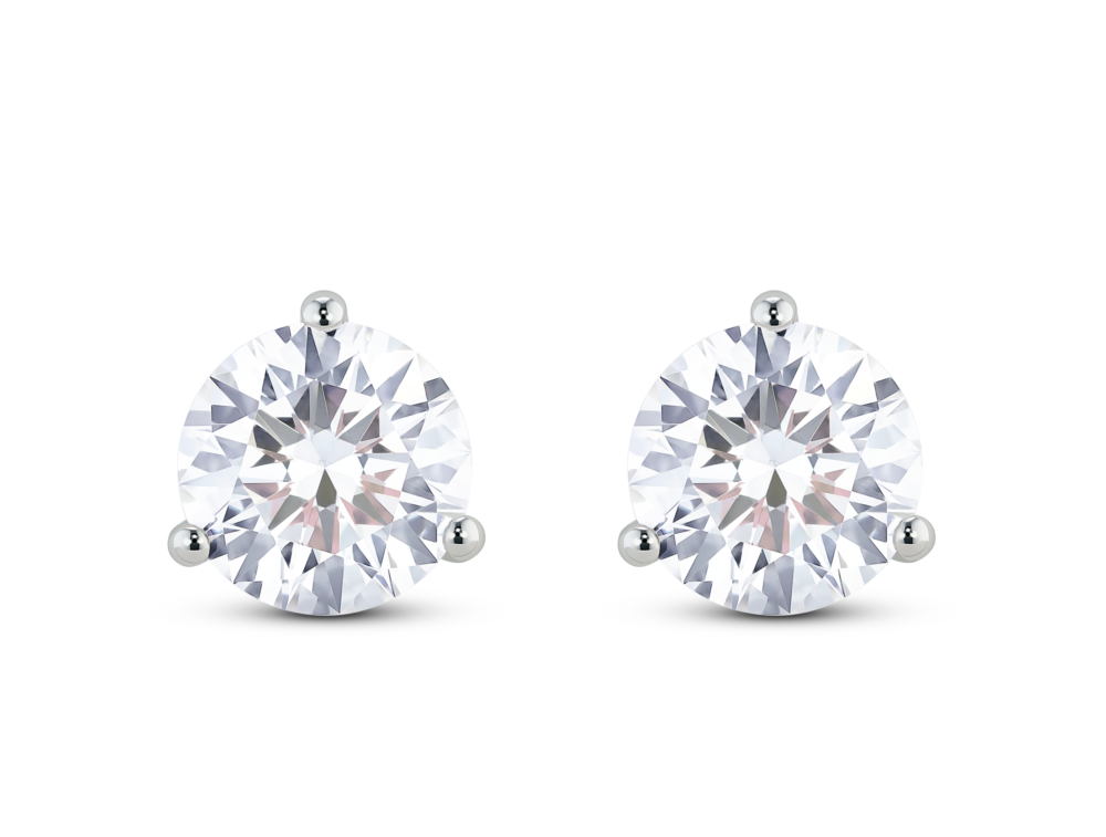 Front view of 3 carat total weight round brilliant solitaire studs in 14k white gold