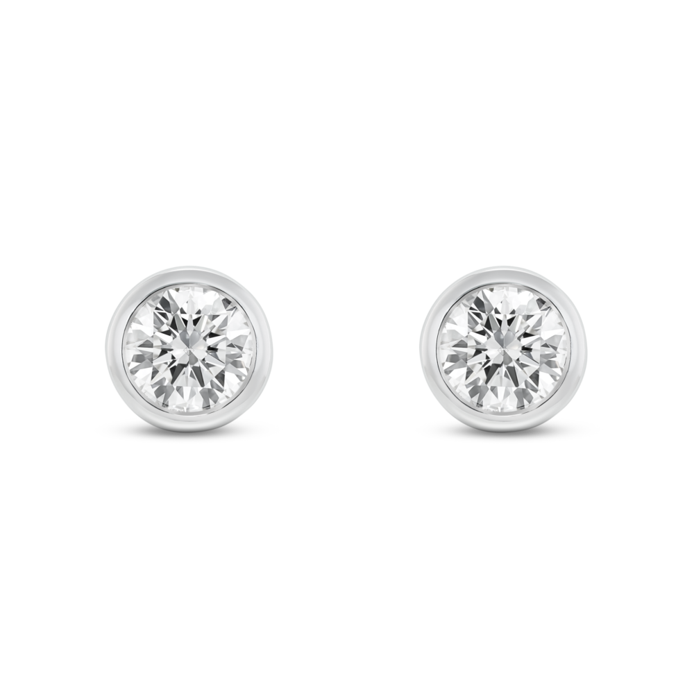 Front view of white 1 carat total weight round brilliant studs in a 14k white gold bezel setting