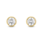 Front view of white 1 carat total weight round brilliant studs in a 14k yellow gold bezel setting