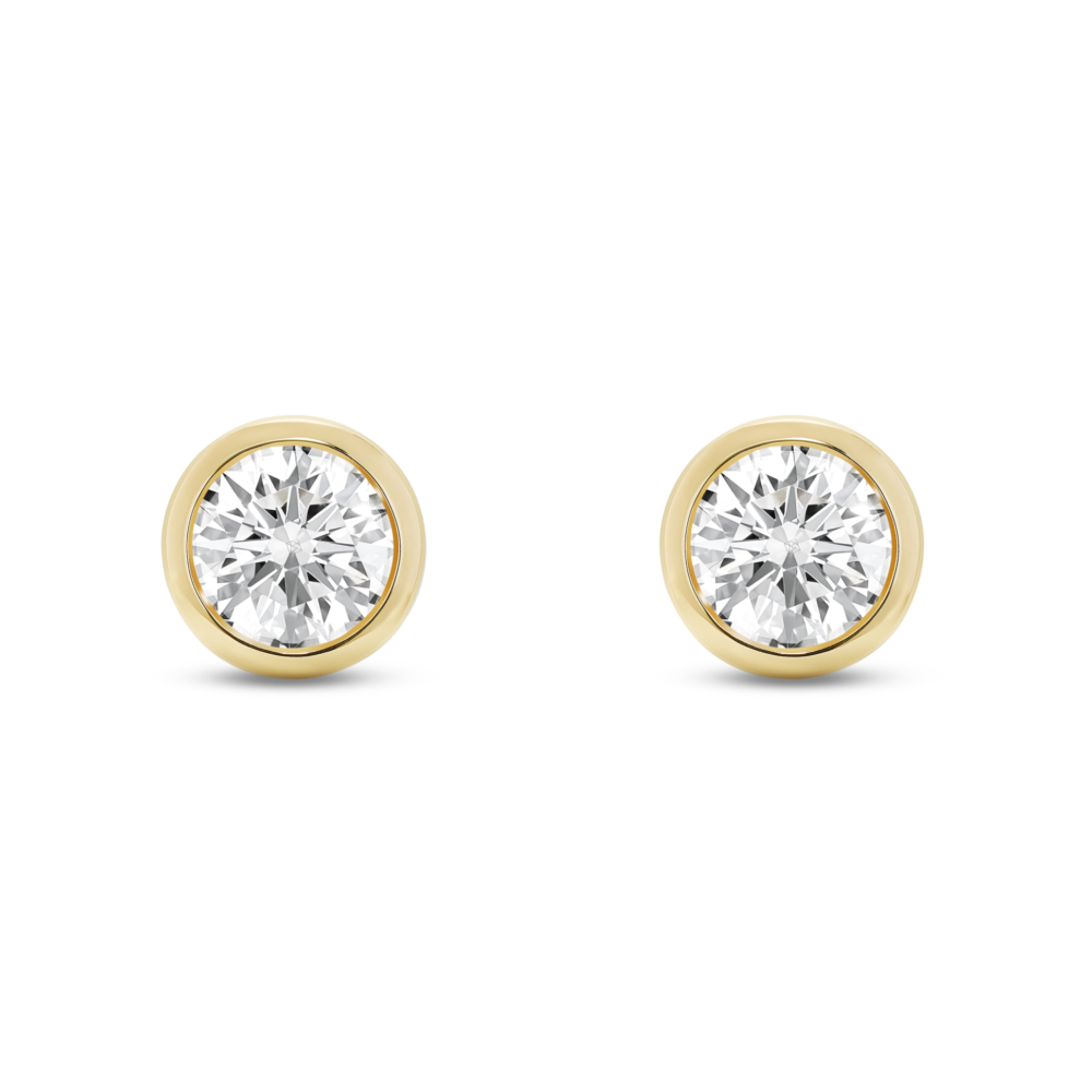 Front view of white 1 carat total weight round brilliant studs in a 14k yellow gold bezel setting