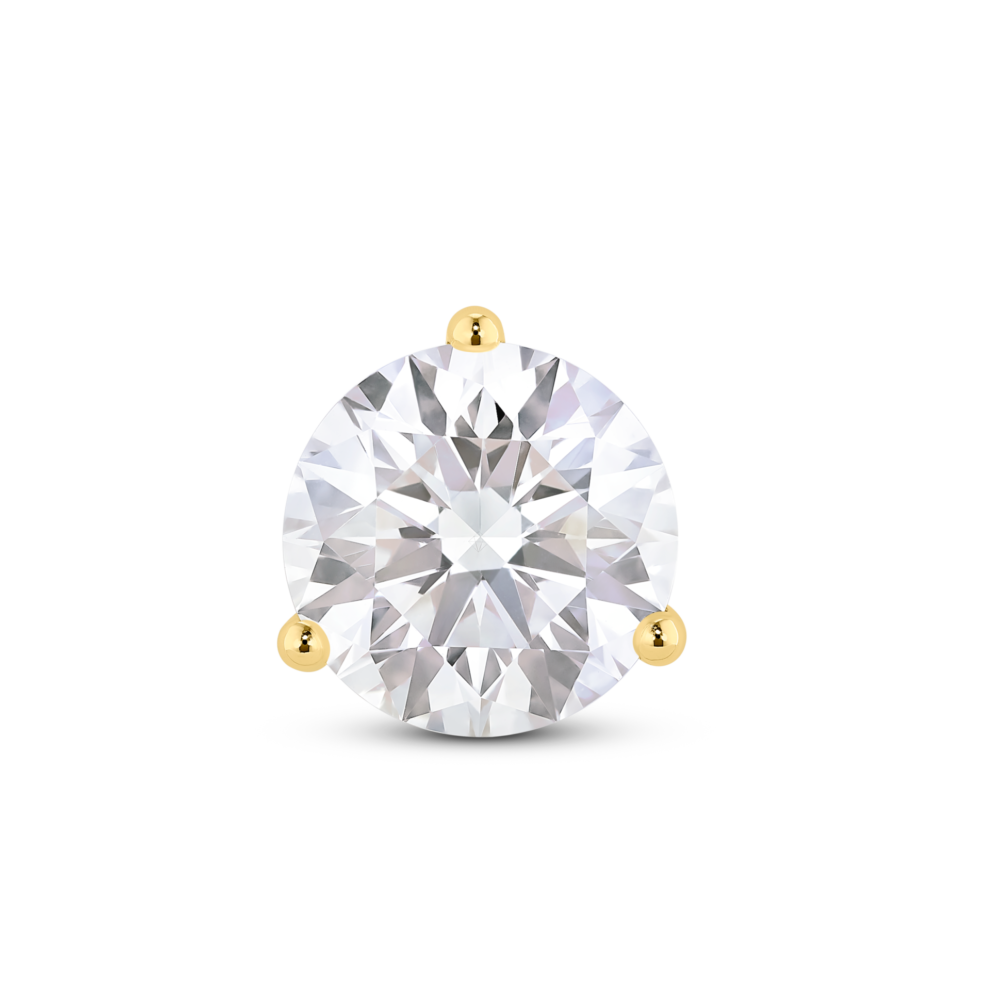 Front view of 2 carat total weight round brilliant solitaire single stud in 14k yellow gold