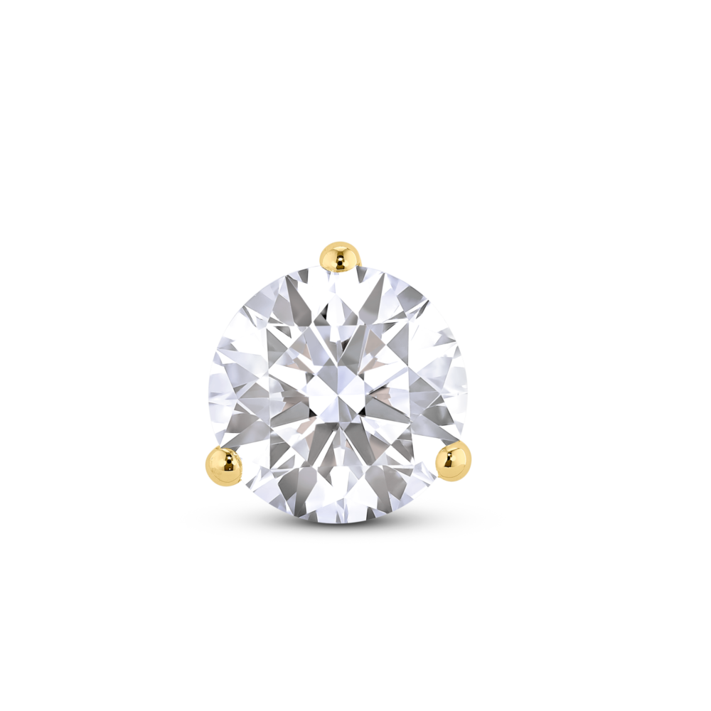 Front view of 1 1/2 carat total weight round brilliant solitaire single stud in 14k yellow gold