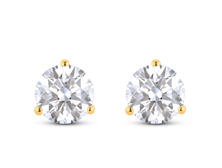 Front view of 3 carat total weight round brilliant solitaire studs in 14k yellow gold