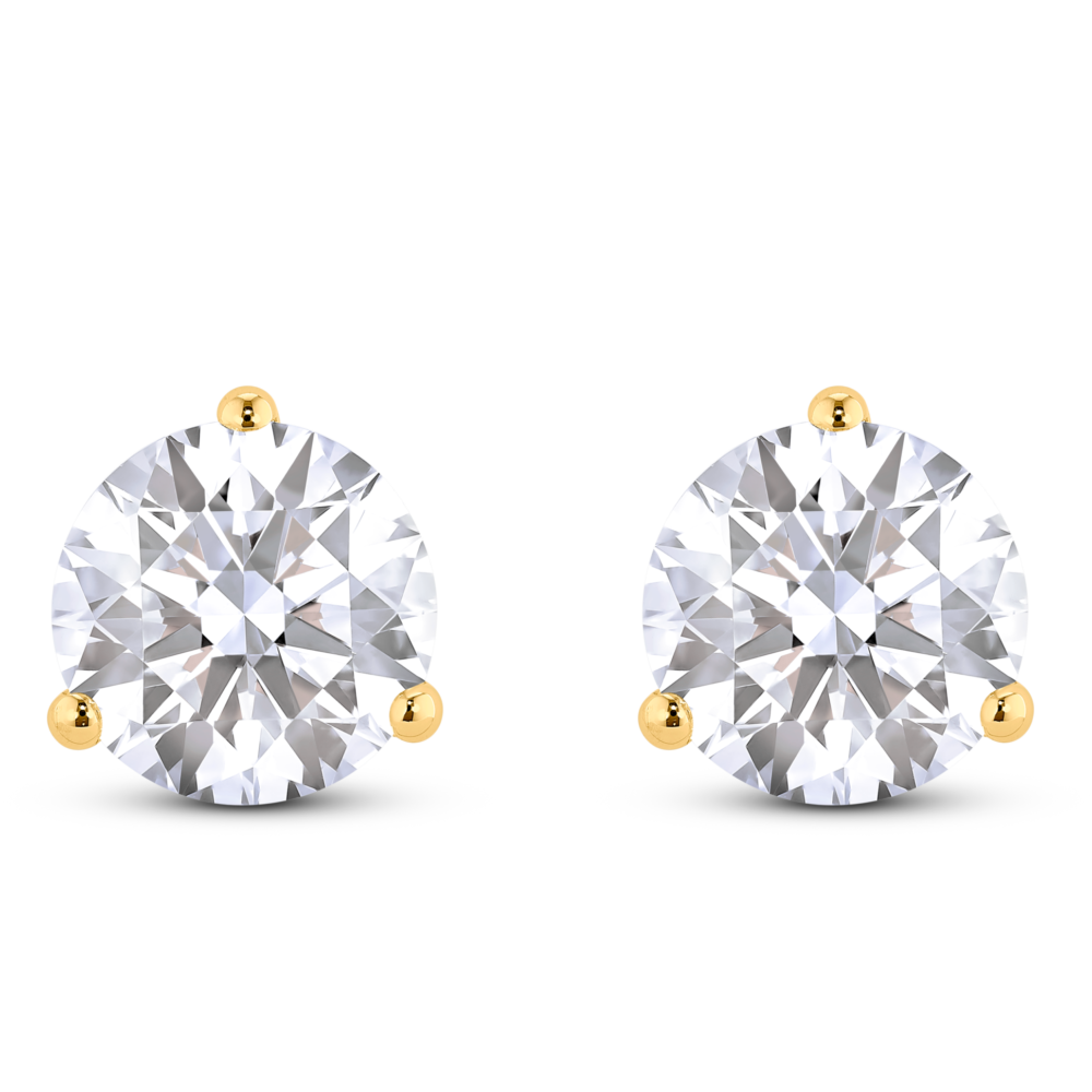 Front view of 3 carat total weight round brilliant solitaire studs in 14k yellow gold