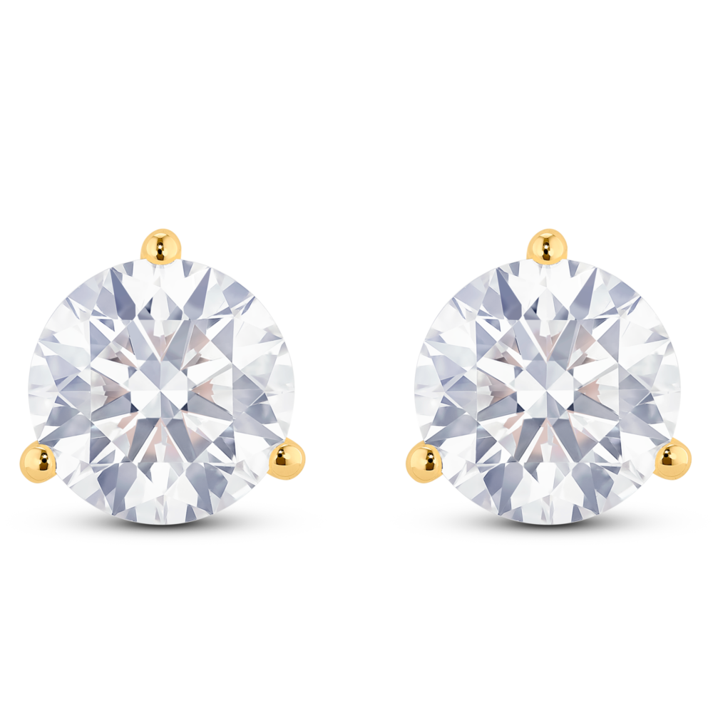Front view of 3½ carat total weight round brilliant solitaire studs in 14k yellow gold