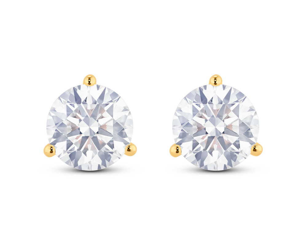 Front view of 3½ carat total weight round brilliant solitaire studs in 14k yellow gold