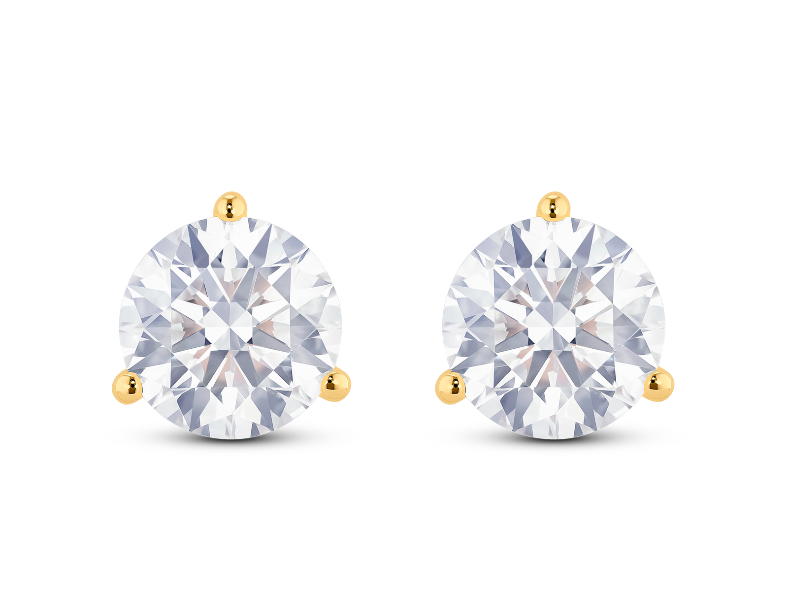Front view of 3½ carat total weight round brilliant solitaire studs in 14k yellow gold