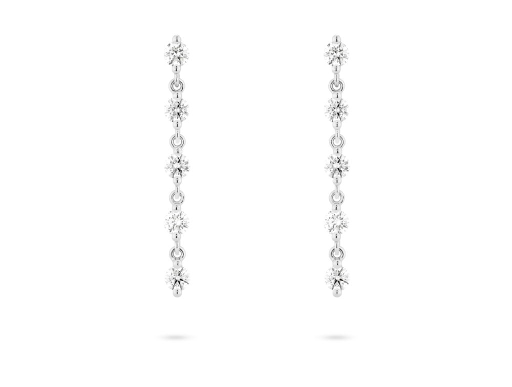 Front view of 1.2 carat total weight round brilliant line drop earrings in 14k white gold