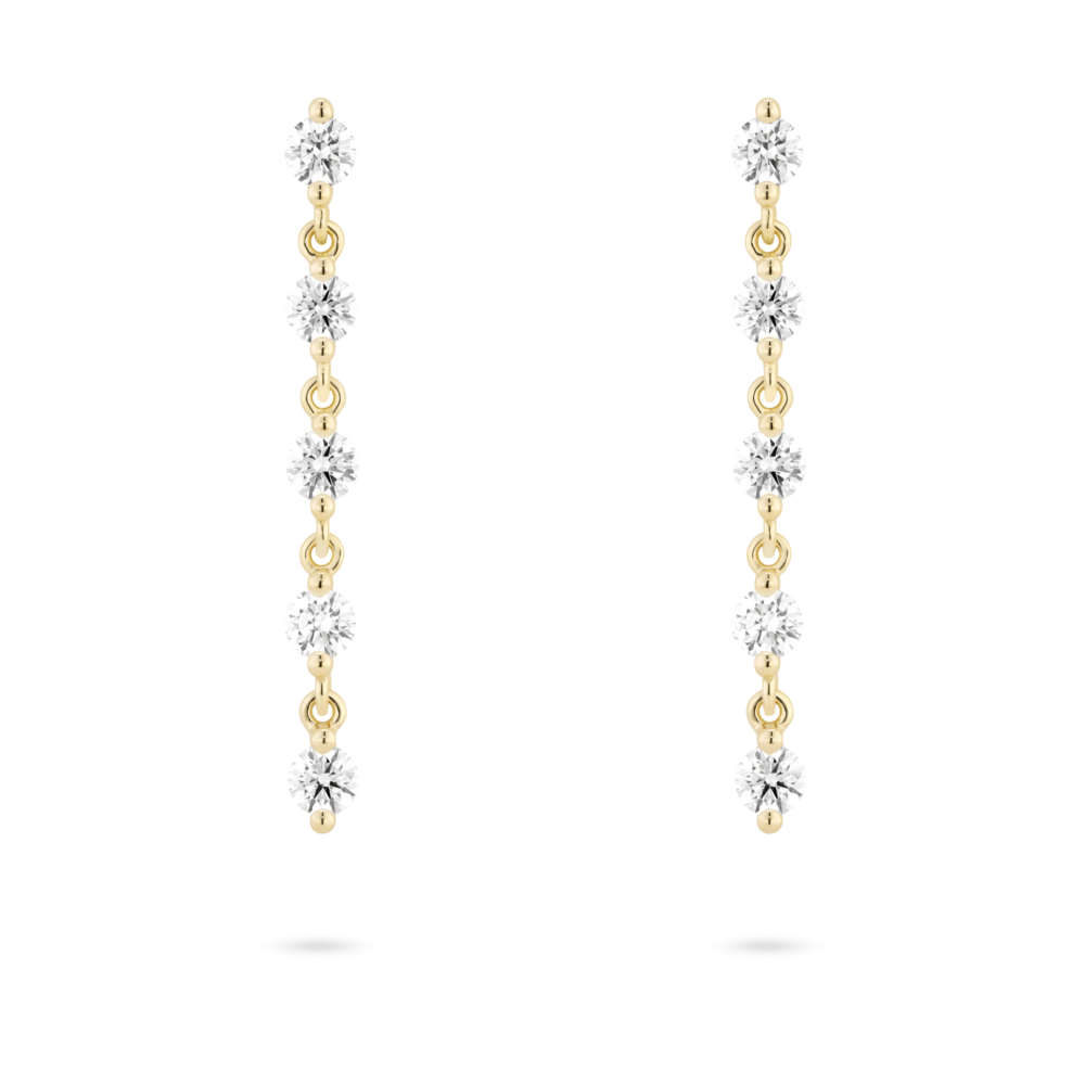 Front view of 1.2 carat total weight round brilliant line drop earrings in 14k yellow gold