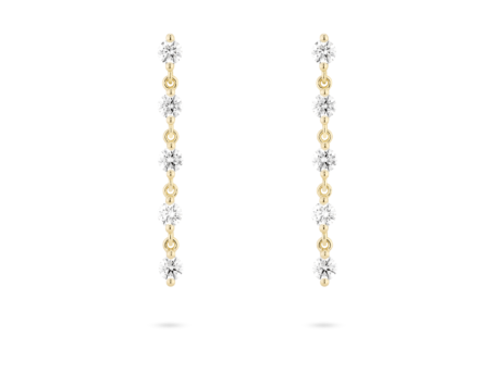 Front view of 1.2 carat total weight round brilliant line drop earrings in 14k yellow gold