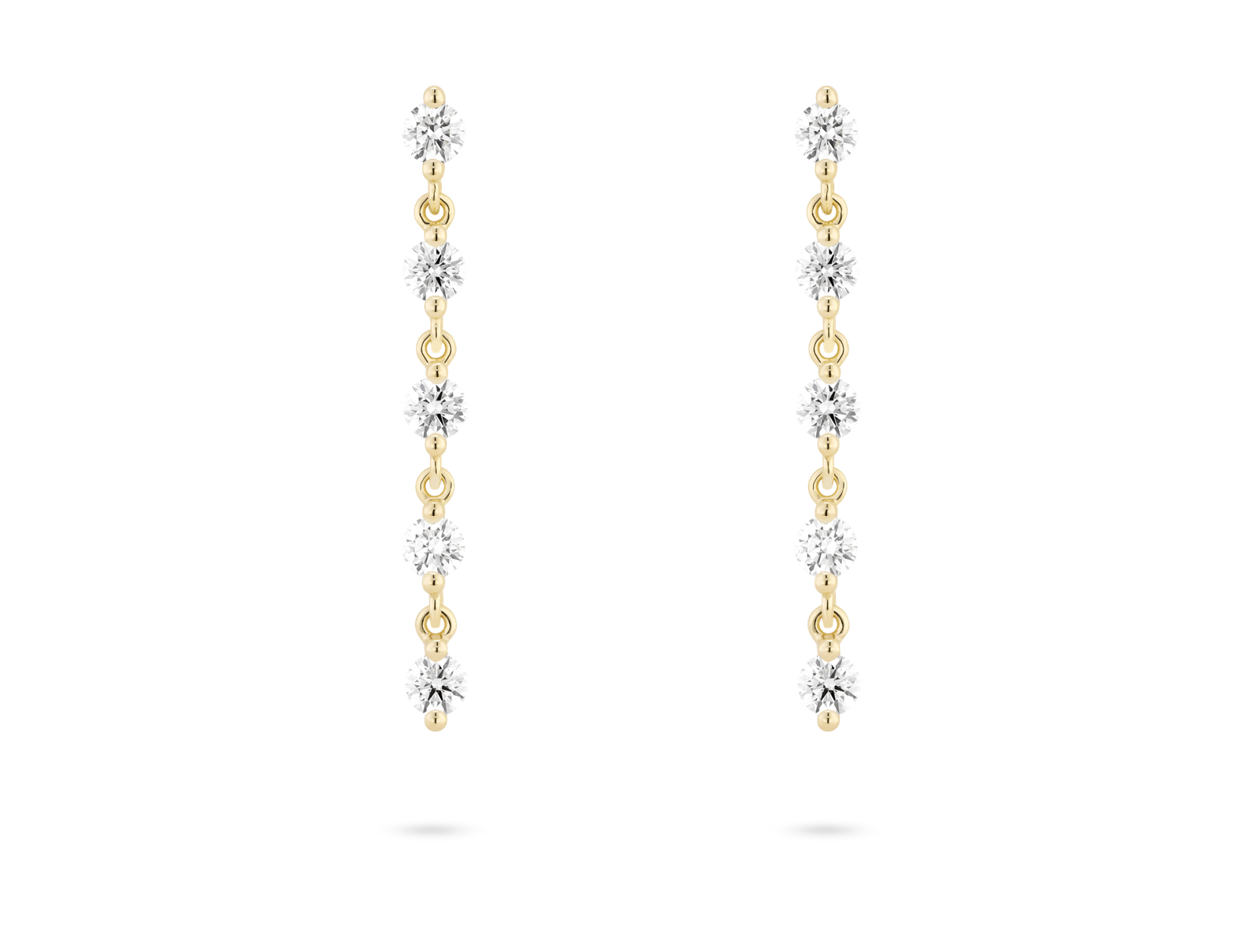 Front view of 1.2 carat total weight round brilliant line drop earrings in 14k yellow gold