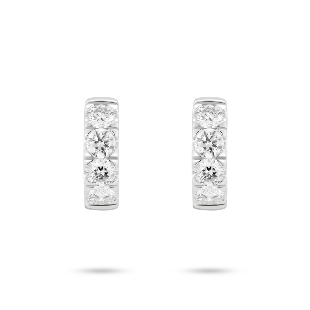 Front view of 0.8 carat total weight pavé huggie hoops in 14k white gold