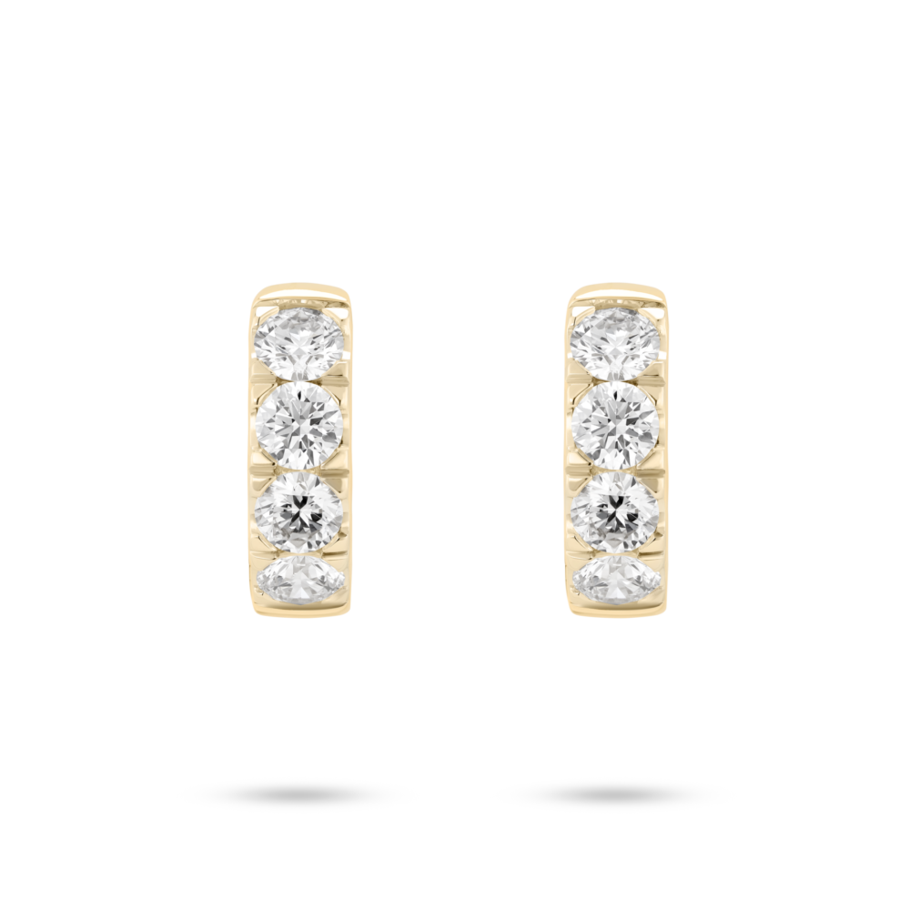 Front view of 0.8 carat total weight pavé huggie hoops in 14k yellow gold