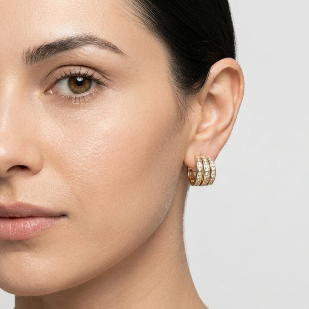 Kaeloria Triple Line Hoop Earrings | Minimal Gold Hoops | 18K Gold Plated | CZ Studded Hoops | Anti-Tarnish - Image 5