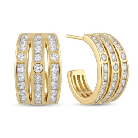 Kaeloria Triple Line Hoop Earrings | Minimal Gold Hoops | 18K Gold Plated | CZ Studded Hoops | Anti-Tarnish