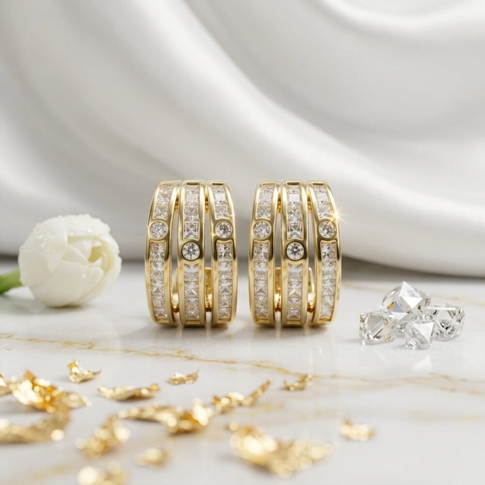 Kaeloria Triple Line Hoop Earrings | Minimal Gold Hoops | 18K Gold Plated | CZ Studded Hoops | Anti-Tarnish - Image 2